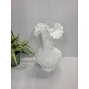 Vintage Fenton Hobnail Milk Glass Vase, Large Ruffled Crimped